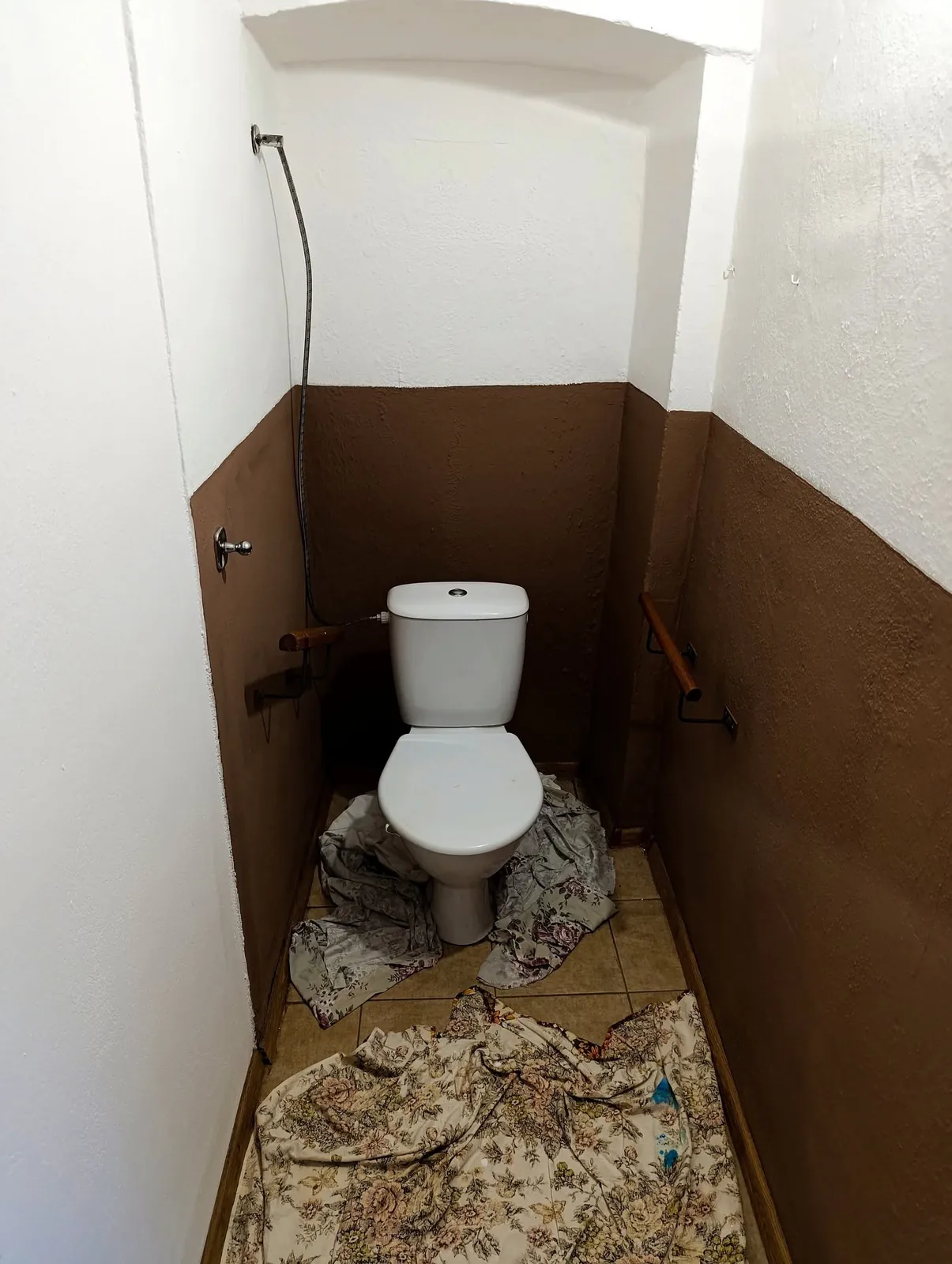 Vymalované WC s hnědým soklem a bílými stěnami